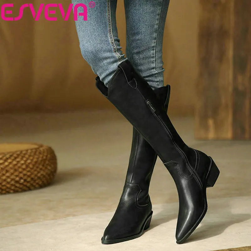 

ESVEVA 2022 Fashion Genuine Leather Women Boots Knee High Square Chelsea Boots Shoes Winter Size 34-39