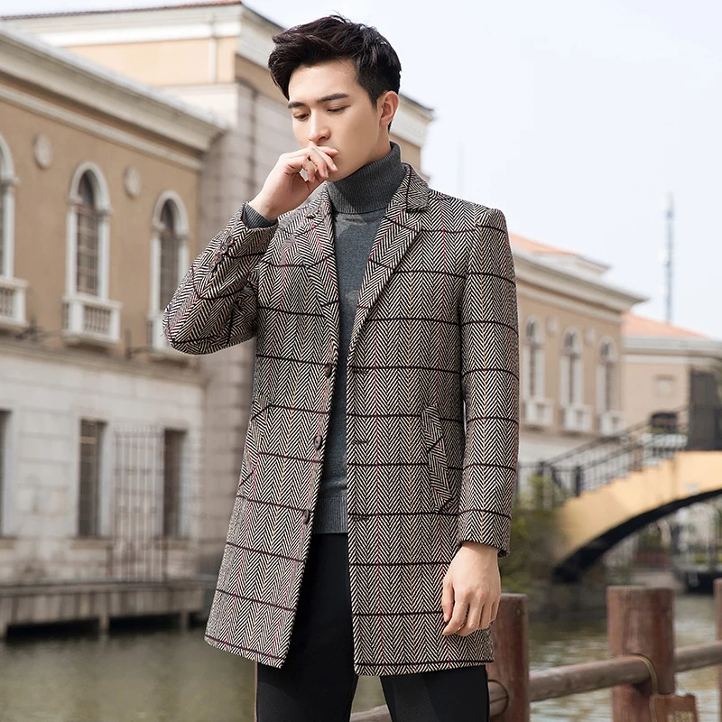 

Woolen Coat Men's Striped New Winter Water ripple Trenchcoat Fleece Blends Jacket Men Slim Fit Mid-length Trench Coat Streetwear