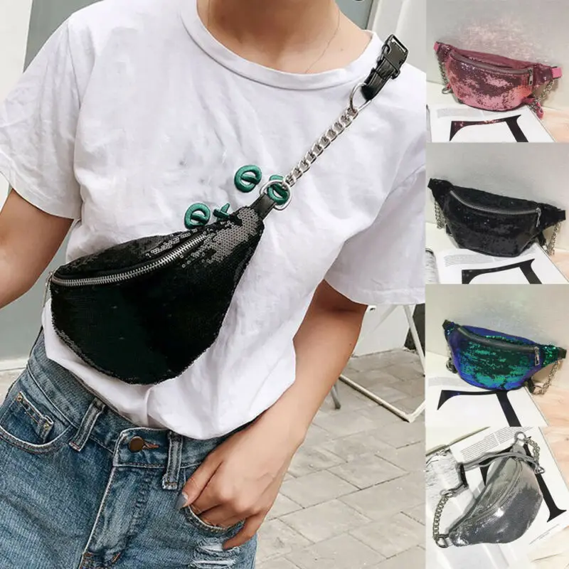 

Fashion Waist Fanny Pack Women Sequins Belt Zipper Waist Bag Chest Tote Purse