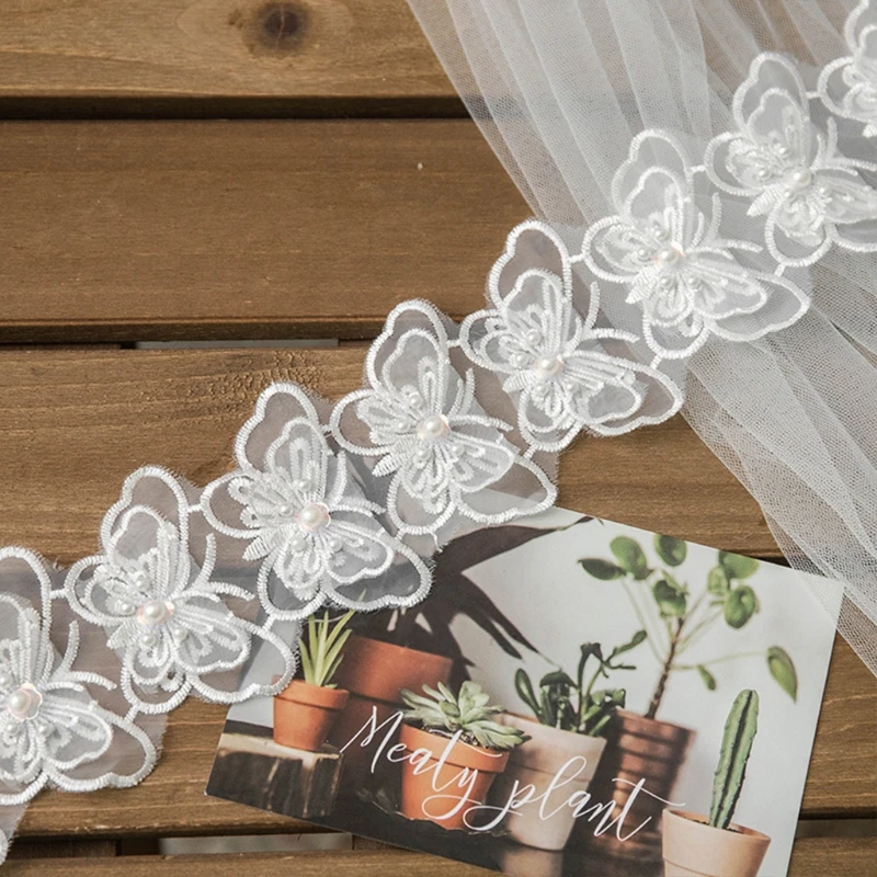 

1 Yard Bowknot Butterfly Embroidered Lace Trim Ribbon Imitation Pearl Beaded Applique DIY Sewing Craft Wedding Bridal Dress M6CD