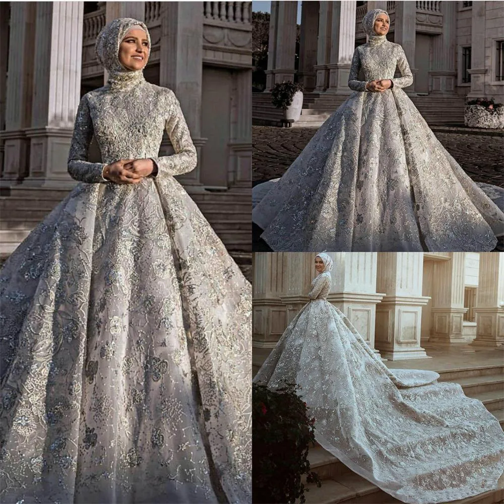 Luxury Muslim Wedding Dresses Floral Appliqued A Line Jewel Neck Country Dress Custom Made Sweep Train Vestidos De Novia | Свадьбы и