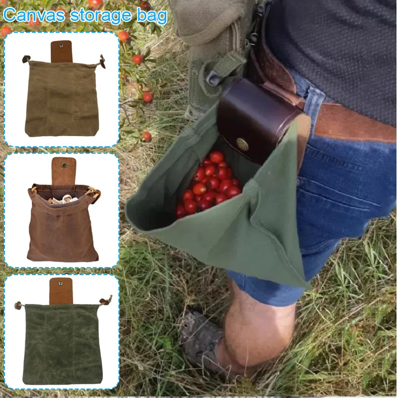 

Canvas Bushcraft Bag with Leather Cover & Buckle Foldable Heavy Duty Tool Pouch with Drawstring for Outdoors Camping Bags
