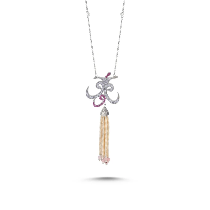 

Silverlina Silver Majorca Pearl and Pink Quartz Tassels Zircon Cubic Zirconia Vav-Dervish Necklace