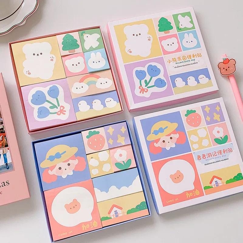 

8 книг/коробка, Мультяшные милые животные, стикеры для заметок, набор для учеников, 100 листов, милые школьные канцелярские товары, подарочная коробка