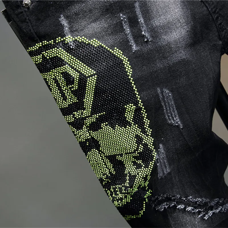 

2021 New Style Autumn Ripped Jeans Men's Slim Wash Black Rhinestone Trousers Fashion Trend Clothing