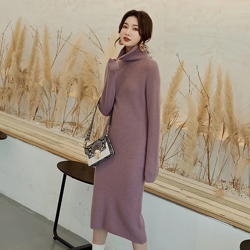 Dark Pale Pink Gray Стиль Высокое качество Весна Осень Зима Женское вязаное платье модное гибкое офисное женское Двухслойное кашемировое платье - Цвет: Dark Pale Pink Gray