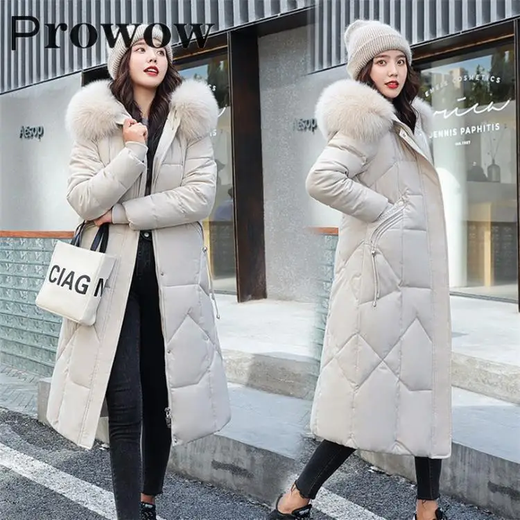 

Prowow Womens Winter Plus Size Hooded Parkas Coat Female Fashion Casual StreetwearSolid Slim Warm Fur Collar Long Cotton Jacket