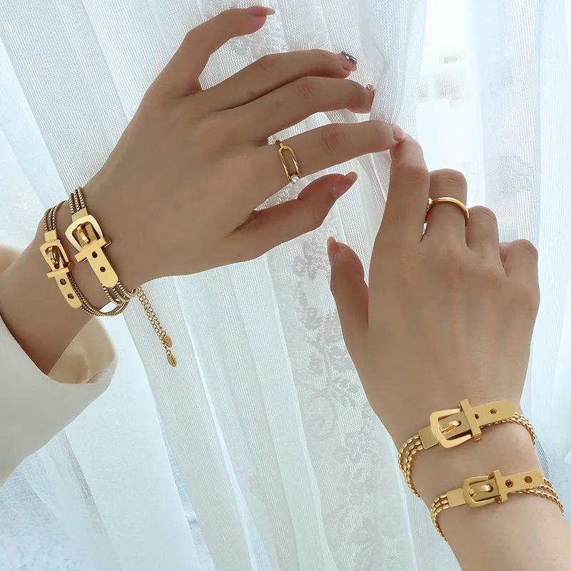 Pulsera de cadena de acero inoxidable de alta calidad para mujer, pulsera con hebilla de cinturón de reloj de Rock a la moda, joyería femenina de oro de 18k y plata