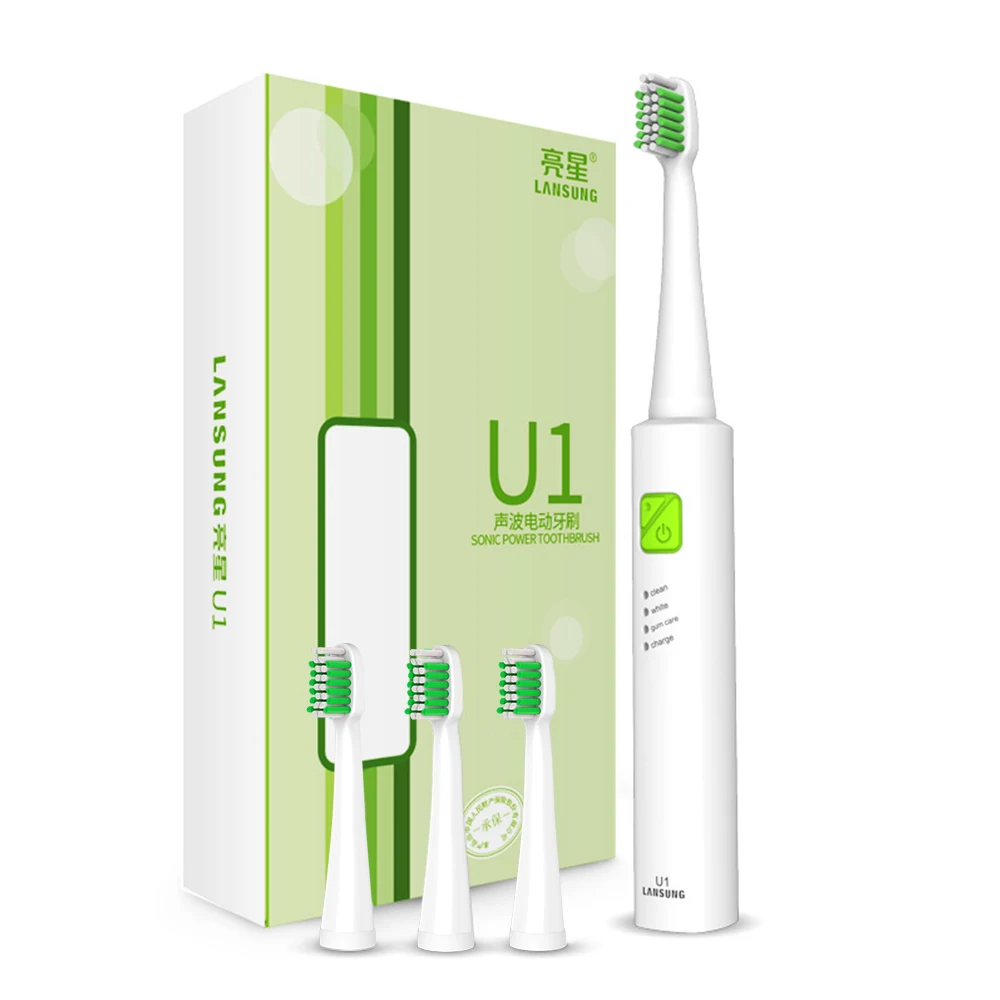 LANSUNG звуковая электрическая зубная щетка, ультра звуковая USB перезаряжаемая зубная щетка для взрослых, 4 насадки, сменные отбеливающие водонепроницаемые - Цвет: U1 White Green 4head