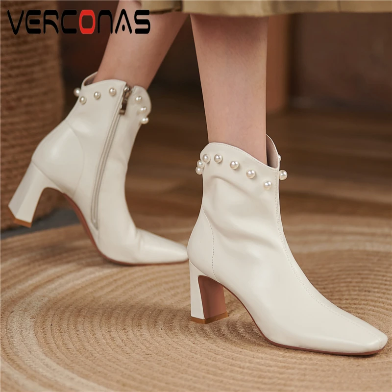 

VERCONAS Elegant Concise Fashion Women Ankle Boots Autumn Winter Genuine Leather Pearl High Heels Office Shoes Woman Side Zipper