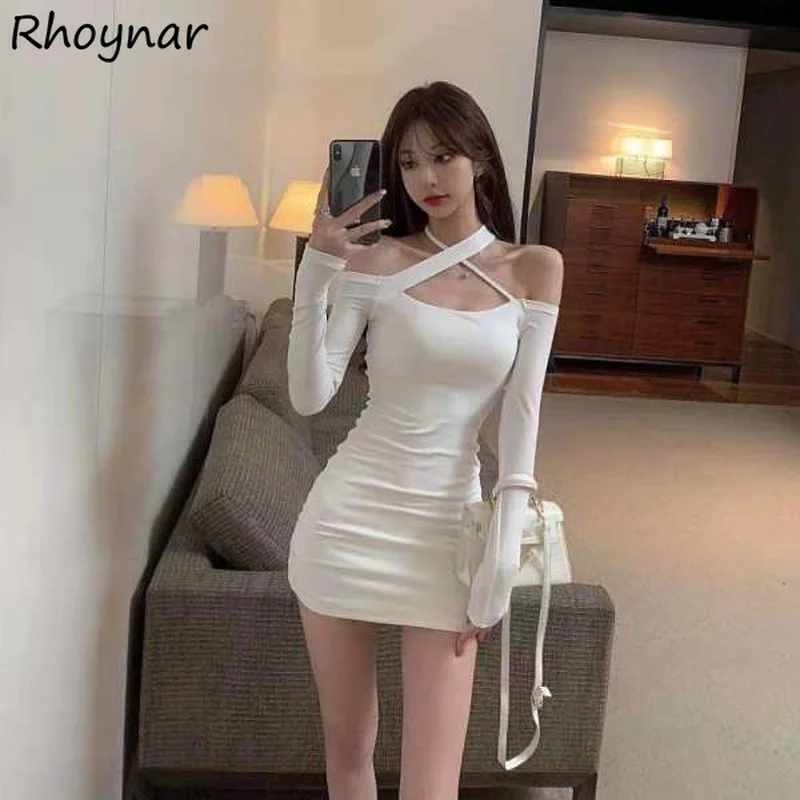 

Long Sleeve Dress Women Solid All-match Slim Mini Vestidos Sexy Criss-cross Elegant Design Ladies Partywear Tender Autumn Ins