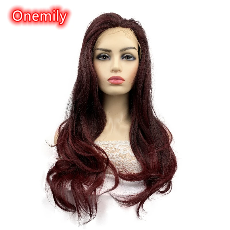 Onemily Long  Wavy Lace Front Heat Resistant Synthetic Hair Wigs for Women Girls with Bangs Party Evening Out Burgundy