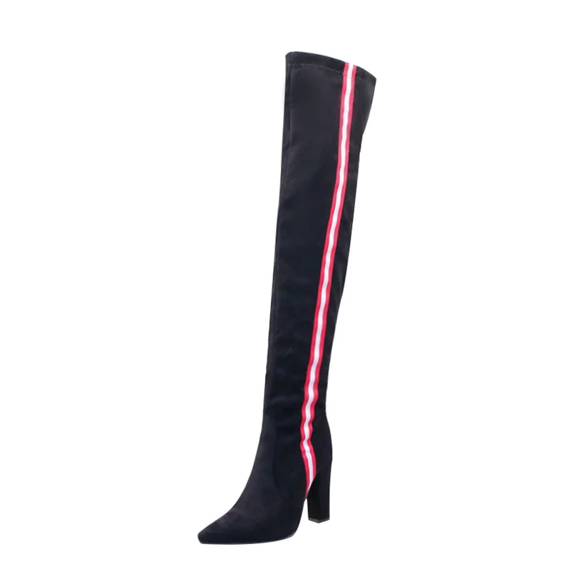 

Black Fashion Women Thigh High Boots Sexy Thin Heel Stripe Suede Over The Knee Boots 2021 New Autumn Shoes Women Plus Size 43