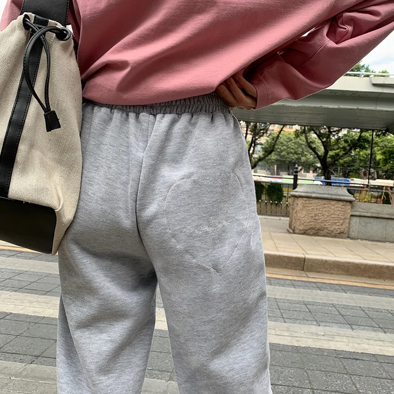 

4 Color New Preppy Style Women Pants Kawaii Embroidery Loving Heart Full Length Pants Female Casual Trousers Mujer