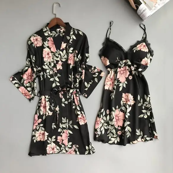 2PCS Robe Set Black Сексуальное женское атласное Короткое Кимоно, халат, ночная рубашка, халат с цветочным принтом, мягкий халат, Свадебный халат для невесты, халат для подружки невесты - Цвет: 2PCS Robe Set Black