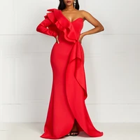 2022 elegant evening party dress women african ruffles one shoulder backless mermaid long robe sexy split long sleeve red dress