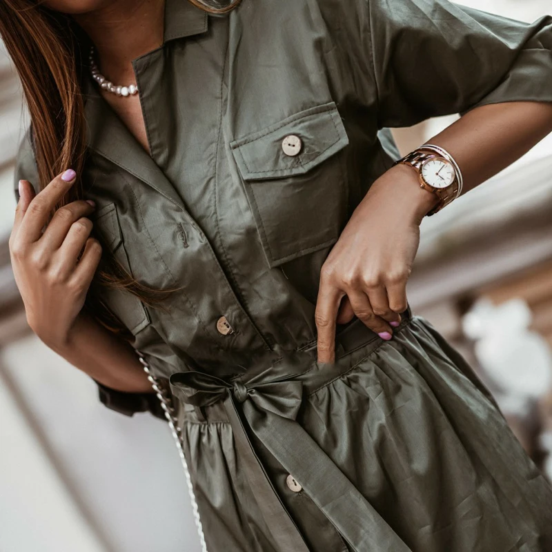 

Women Dress Belt Pockets Straight Dress Half Sleeve Turn Down Collar Fashion Mini Dress Streetwear Solid Color Elegant Female