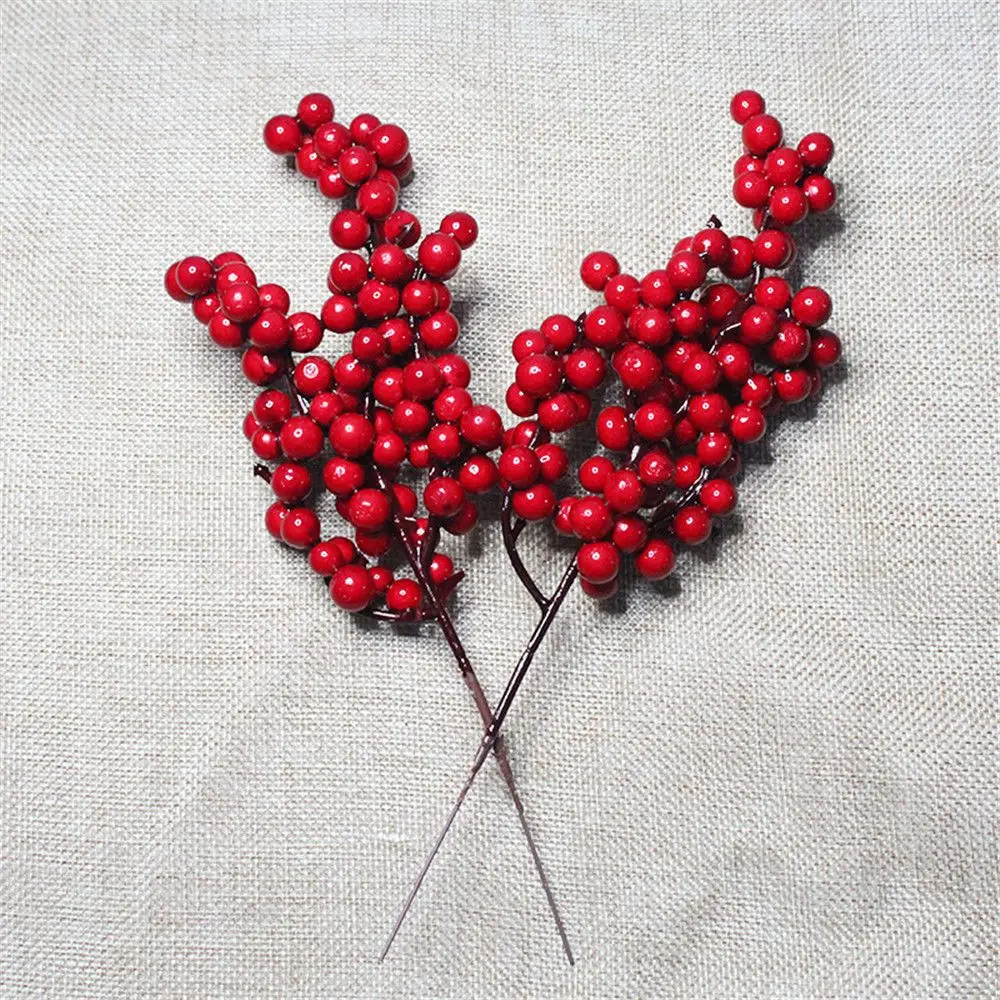 

Artificial Red Berry Bouquet Stems Christmas Ornament Fake Snow Pine Branch Cone Berries Holly Xmas Tree Decoration Gift Supplie
