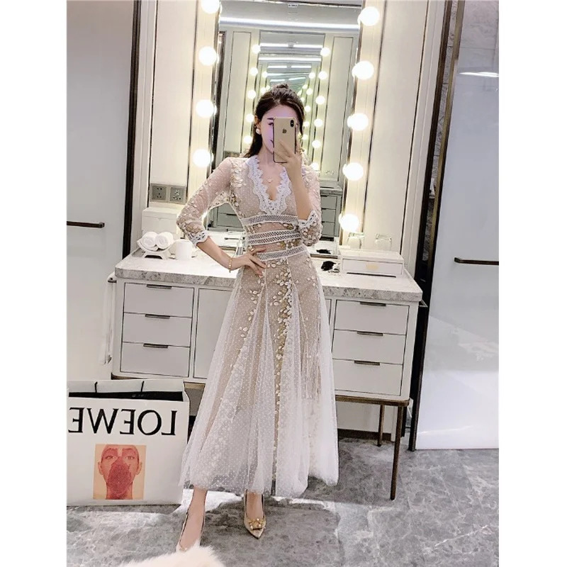 Женское платье макси с высокой талией элегантное праздничное длинным рукавом и