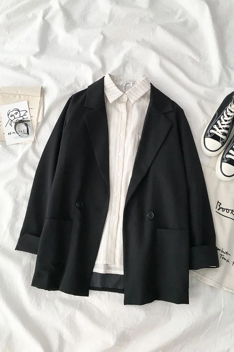 

Fashion Spring Autumn Black Blazers Women Korean Temperament Notched Double Breasted Chic Blazer Female All Match Loose Clothes
