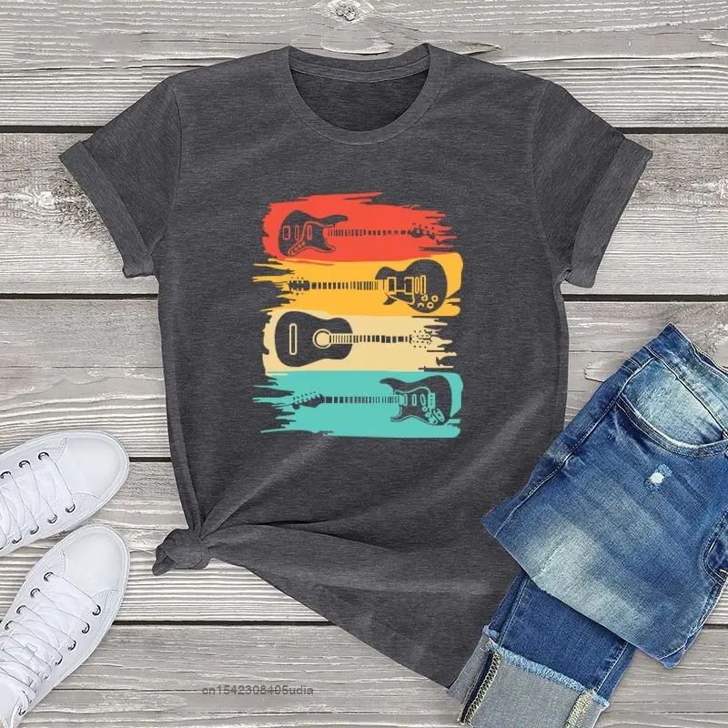 

% Cotton Vintage Guitar Tshirts Women Clothing Music Band Guitarist Womens T-Shirts Soft Fashion Ladies Tops Mens Tees