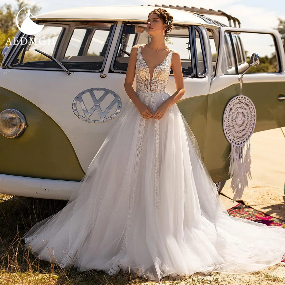 

Женское свадебное платье без рукавов Aedmgh, Пляжное Платье-трапеция с V-образным вырезом, фатиновое платье в стиле бохо с аппликацией, индивид...