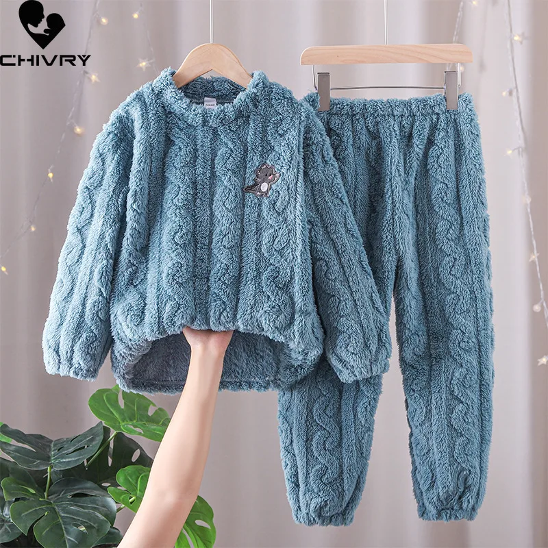 New Kids Soft Flannel Pajama Sets Boys Girls Autumn Winter Thicken Warm Home Wear Children Long Sleeve Sleeping Clothing Sets