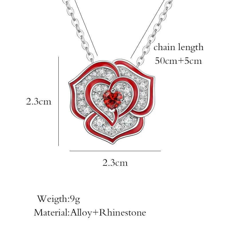 

Exquisite Red Purple Crystal Rose Pendant Necklace Elegant Women's Wedding Party Silver Clavicle Chain Charming Jewelry Gift