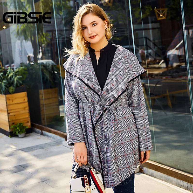 GIBSIE новинка 2020 весенний модный клетчатый Тренч Женское пальто плюс размер v