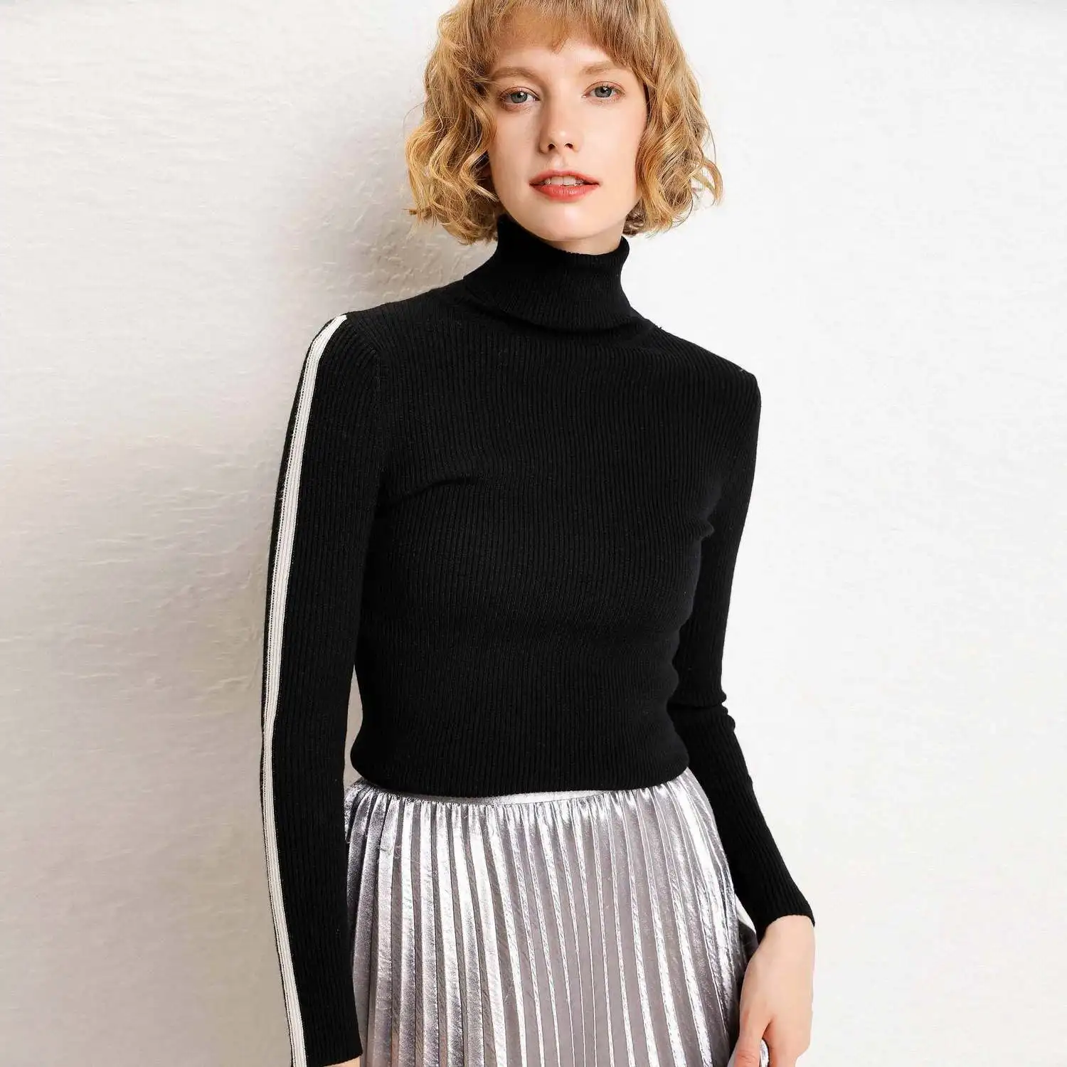 

2020 Autumn Knitted Black Striped Jumper Pull Femme Long Sleeve Turtleneck Women Sweater And Pullovers Tricot