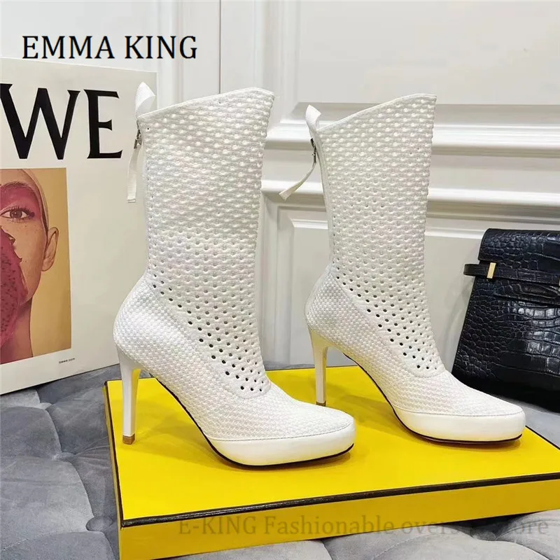 

Women Elastic Mesh Ankle Boots Breathable Hollow High Heels Woman Shoes 2021 Spring Runway Botas De Mujer Size 35-41