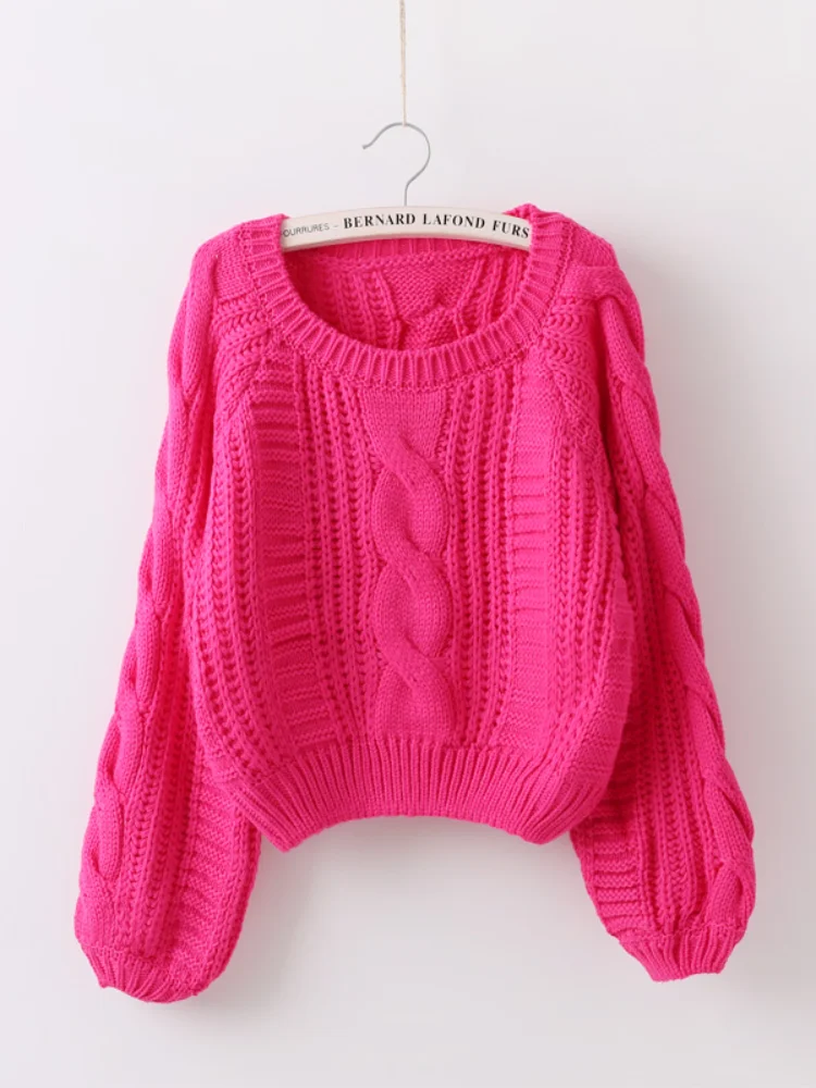 New Winter Women Sweater And Pullovers Female Twisted Coarse Wool Short Lantern-Sleeved Loose Knitted Outwear Tops 0.38KG | Женская