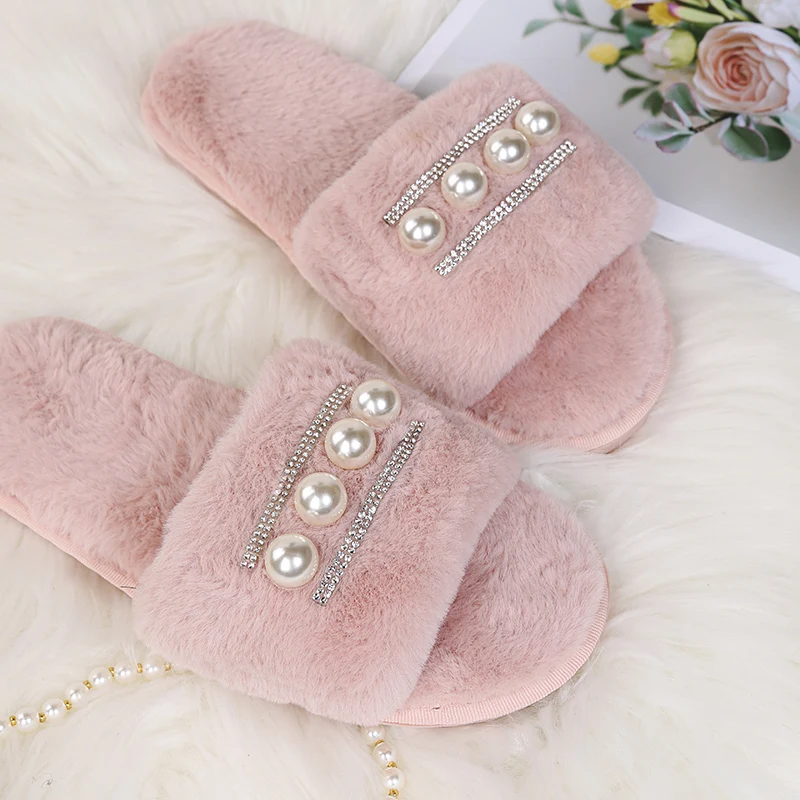 

Women Winter Keep Warm Indoor Fuzzy Slippers Fashion Rhinestone Slippers Woman Casual Flats Female Comfortable Non-slip Slippers
