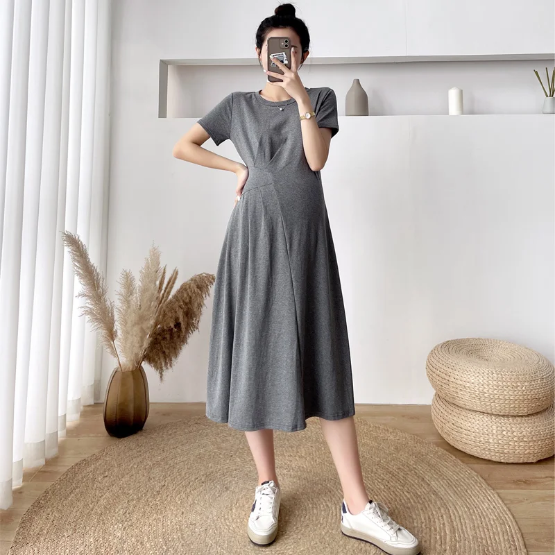 Hot! Pink Cotton Long Maternity Dress 2019 New Summer Fashion A-Line Loose High Waist Clothes for Pregnant Women Pregnancy | Мать и