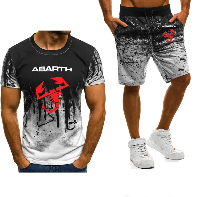 New 2020 Spring Mens suits Pullover for Abarth Car Logo Printed ashion Casual Gradient High Quality Men's T-Shirt+Pant Suit 2Pcs |