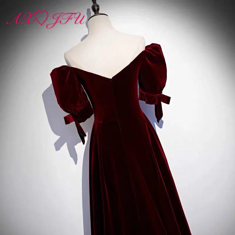 

AXJFU princess wine red velour evening dress vintage boat neck lantern sleeve bow bride party a line zipper evening dress
