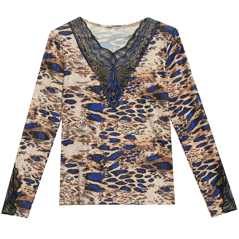 

#5818 Spring Spliced Mesh Hollow Out V Neck Diamonds Sexy Long Sleeve Leopard T Shirt Women Casual Basic Womens Tee Shirts Slim