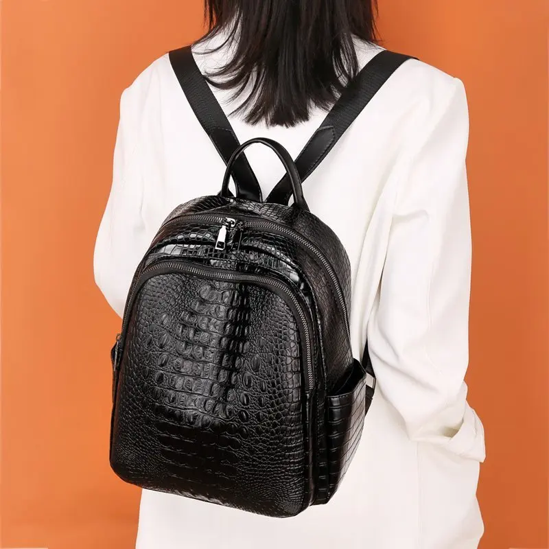 

LU FAWN New High Quality Crocodile Pattern Travel Backpack PU Soft Leather Large Capacity Shoulder Bag Women's Bag9984