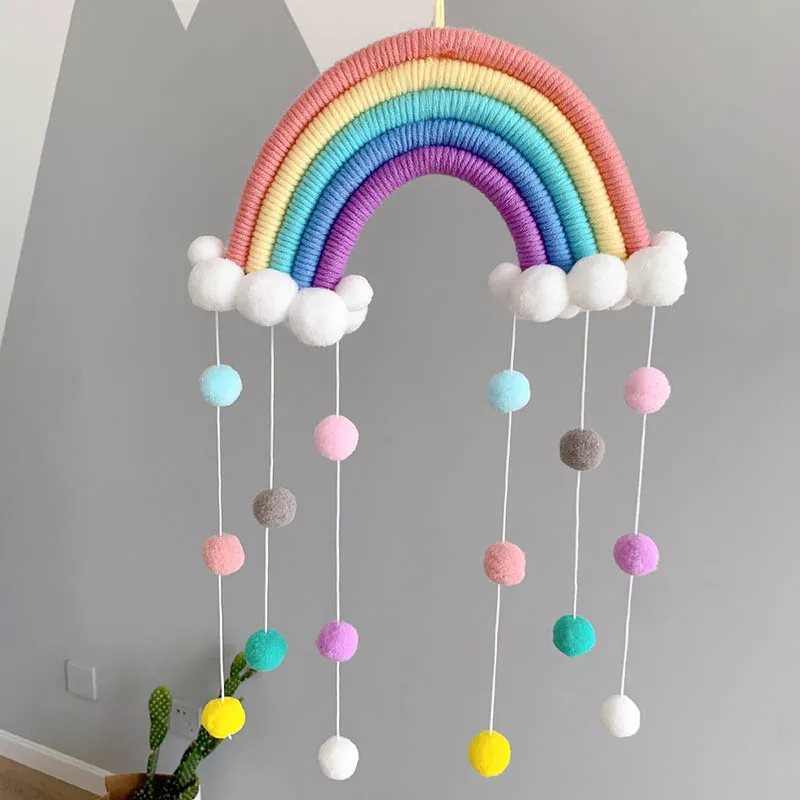 Colgante de cuerda de lana/algod&oacute;n tejido a mano de nube de arco&iacute;ris de estilo n&oacute;rdico, accesorios para fotos, Bola de fieltro multiusos, bricolaje-0