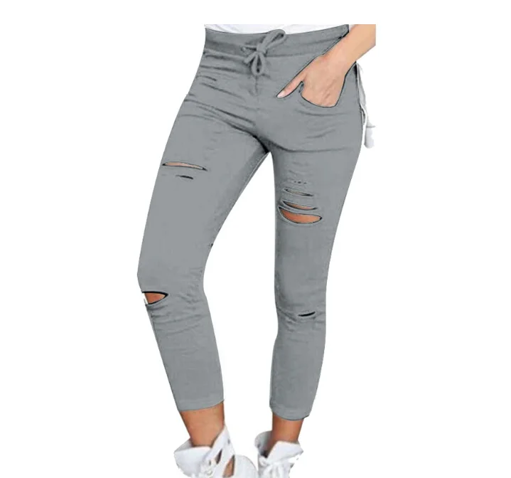 Облегающие джинсы карандаши голубого цвета Для женщин джинсовые брюки с дырками