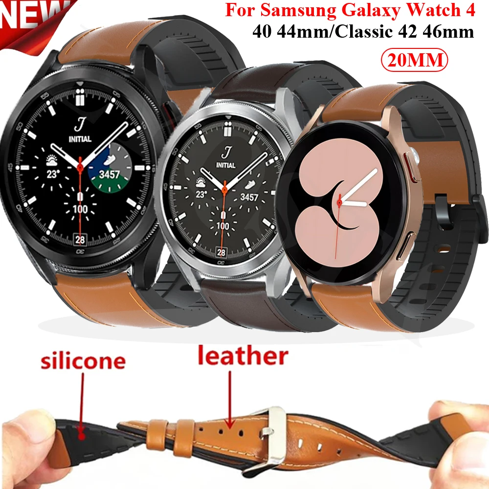 

Ремешок 20 мм для Samsung Galaxy Watch 4 40 44 мм, браслет для смарт-часов Galaxy Watch 4 Classic 42 46 мм, силиконовый и кожаный ремешок для часов