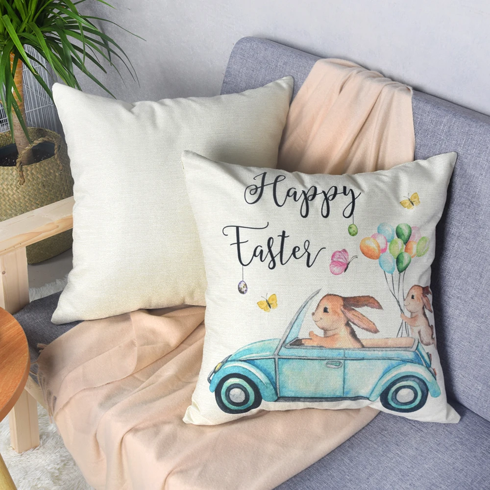 2022 spring easter home decor cushion cover square linen pillow cover 18x18 inch cartoon bunny easter eggs printed pillowcase free global shipping