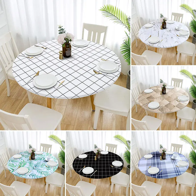 Round Tablecloth Elastic Band Waterproof Coffee Table Cover Christmas Oil-proof Dining Table Cloth For Wedding Decoration