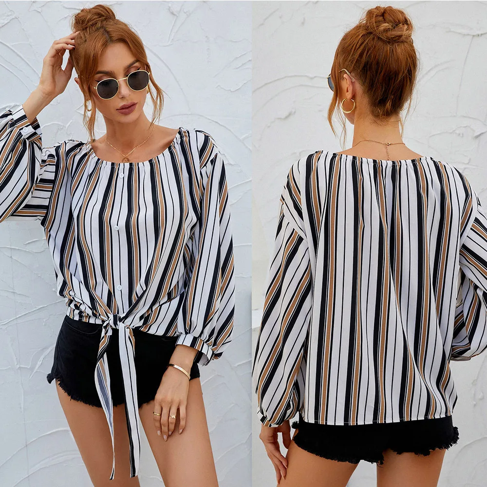

2021 Women Summer Streetwear Striped Blouse Casual Bandage O Neck Long Sleeve Slim Blouses Pullover Top