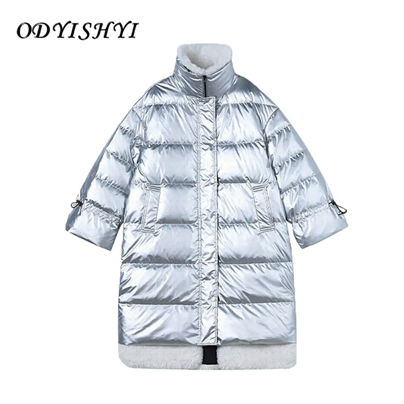 

Silver Shiny Jacket Women Winter Large Size Loose Long Overcoat Thicken Warm Outwear 2021 New Ladies Down Cotton Padded Coat 380