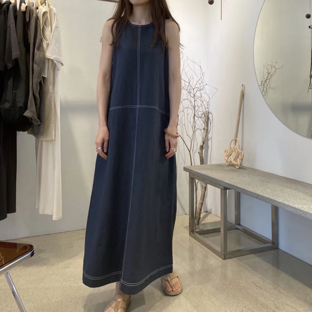 

Korean Fashion Sleeveless Solid Color Round Neck 2021 Summer New Women's Dress Bright Line Loose Casual Simplicity