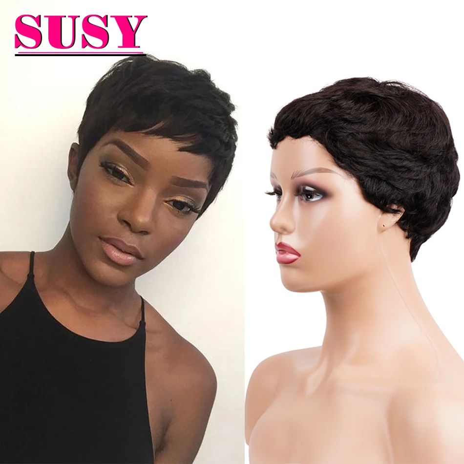 

Short Straight Wavy Wigs For Women Human Hair Wigs Pixie Cut Short Full Machine Made Wig Honey Blond & Black Natural Dream Curl