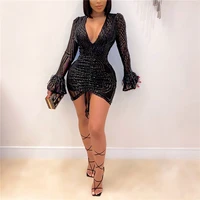 birthday party dress women 2021 summer long tassel flare sleeve sparkly sequined deep v neck mini dresses ins clubwear
