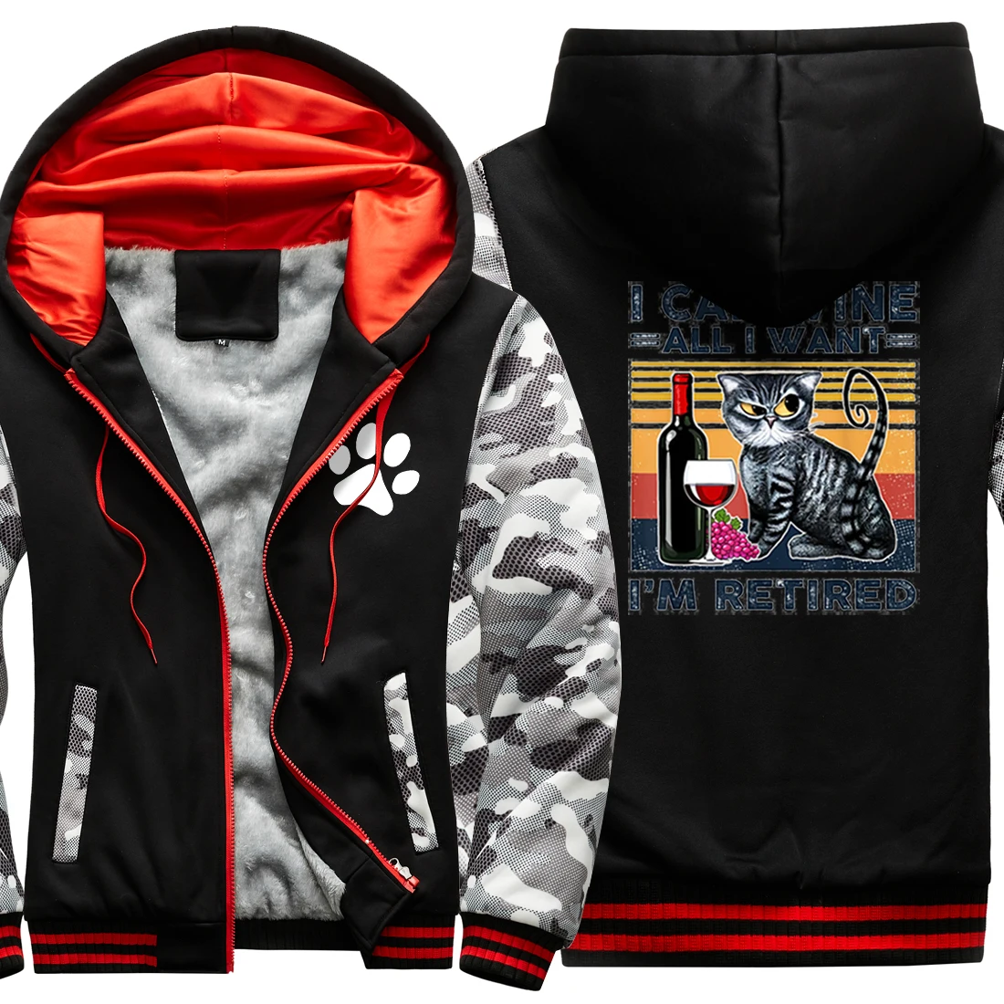 I'm Retired Cat Camouflage Raglan Thicken Jackets Keep Warm Hip Hop Clothing And Hooded Fashion Tracksuits Retro sudadera hombre | Мужская