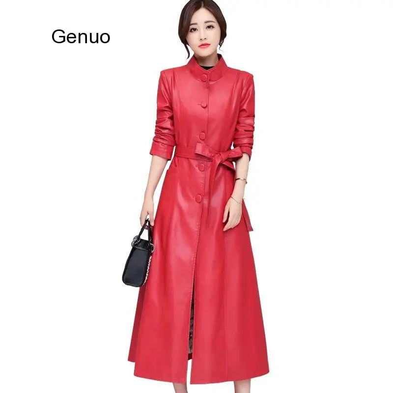 Женская осенне-зимняя кожаная куртка пальто из искусственной кожи с длинным